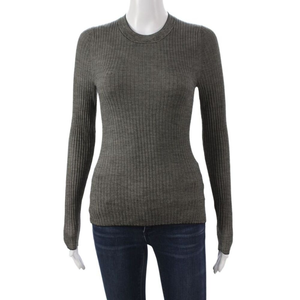 Theory Women Gray Striped Crewneck Long Sleeve Pullover Sweater Petite Size XS